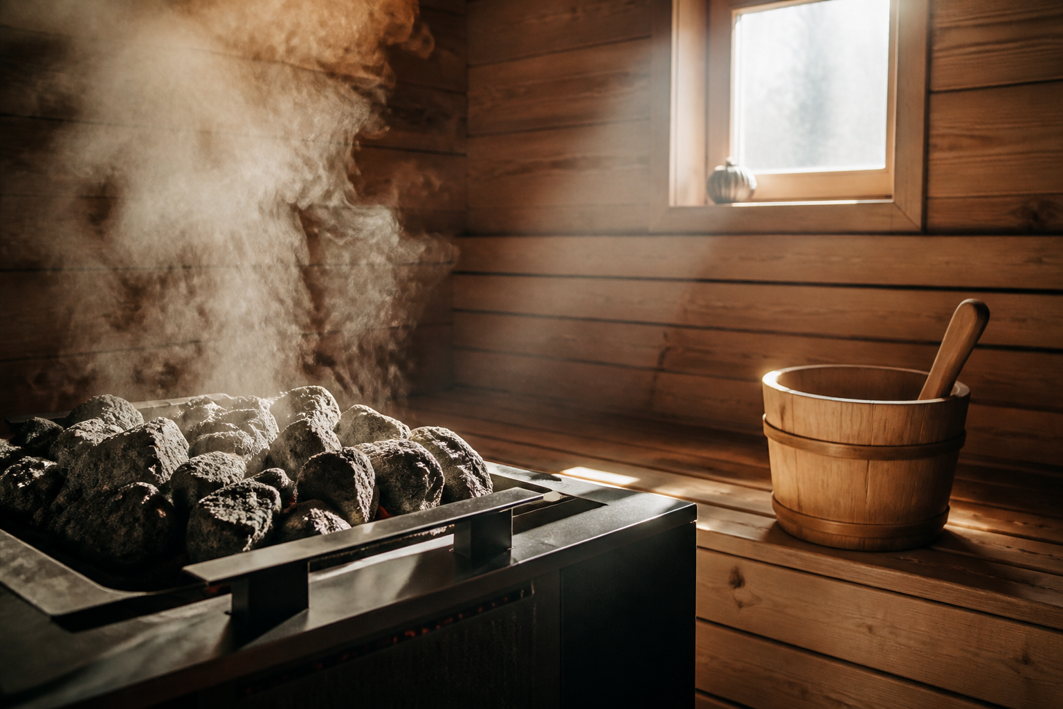 Wie heeft de sauna uitgevonden? Een sfeervolle houten sauna met stoom die opstijgt van de hete stenen.